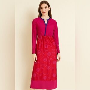 Women’s Pink and Purple Printed Long A-Line Japanese Kurta V-neck dress Medium